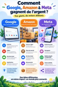 Visuel montrant les logos de Google, Amazon et Meta sur un fond moderne.