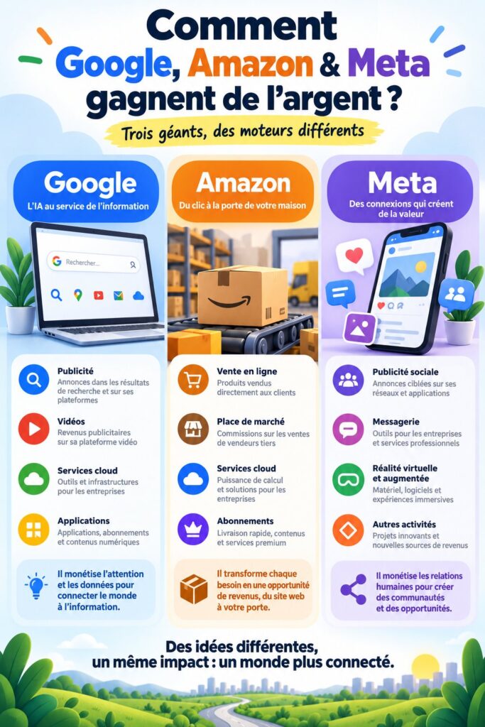 Visuel montrant les logos de Google, Amazon et Meta sur un fond moderne.