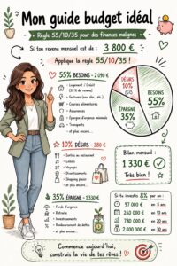 Femme souriante examinant ses finances avec un budget équilibré