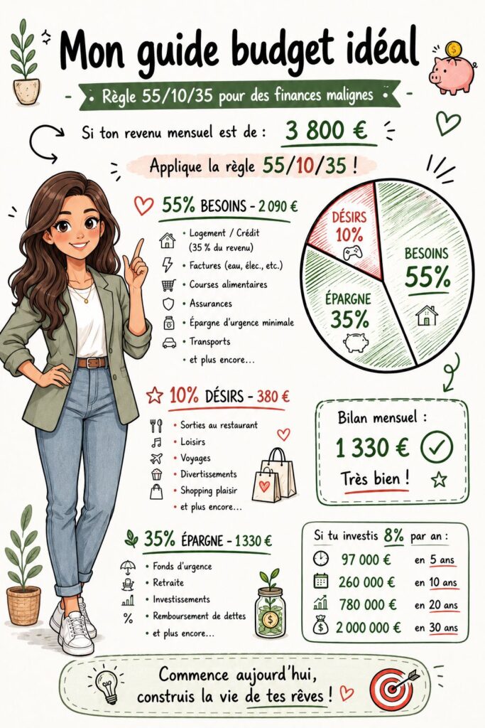 Femme souriante examinant ses finances avec un budget équilibré