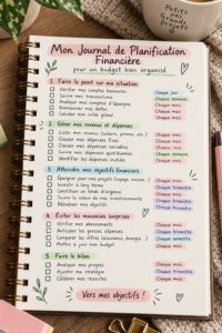Une femme souriante écrivant dans un journal financier, entourée de fournitures de bureau.