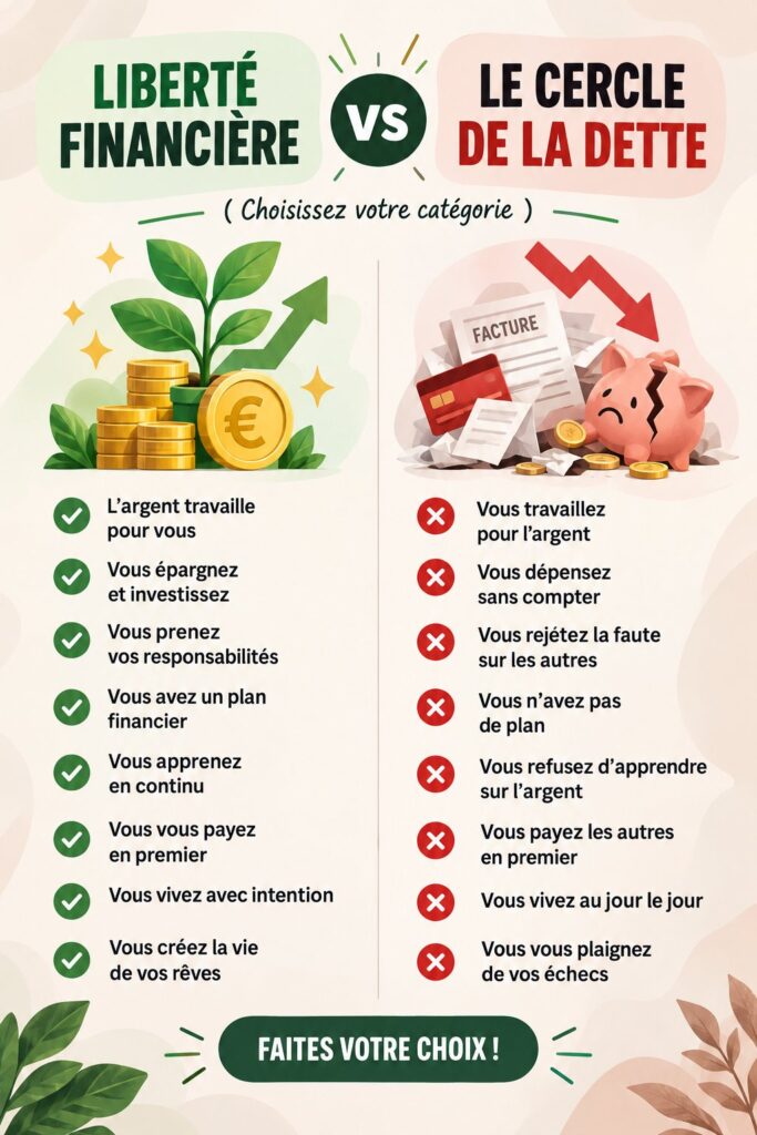 Illustration de la liberté financière symbolisée par une femme s'élevant au-dessus des dettes.