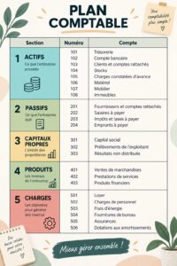 Un exemple de plan de comptes organisé sur un bureau avec des notes et un ordinateur.
