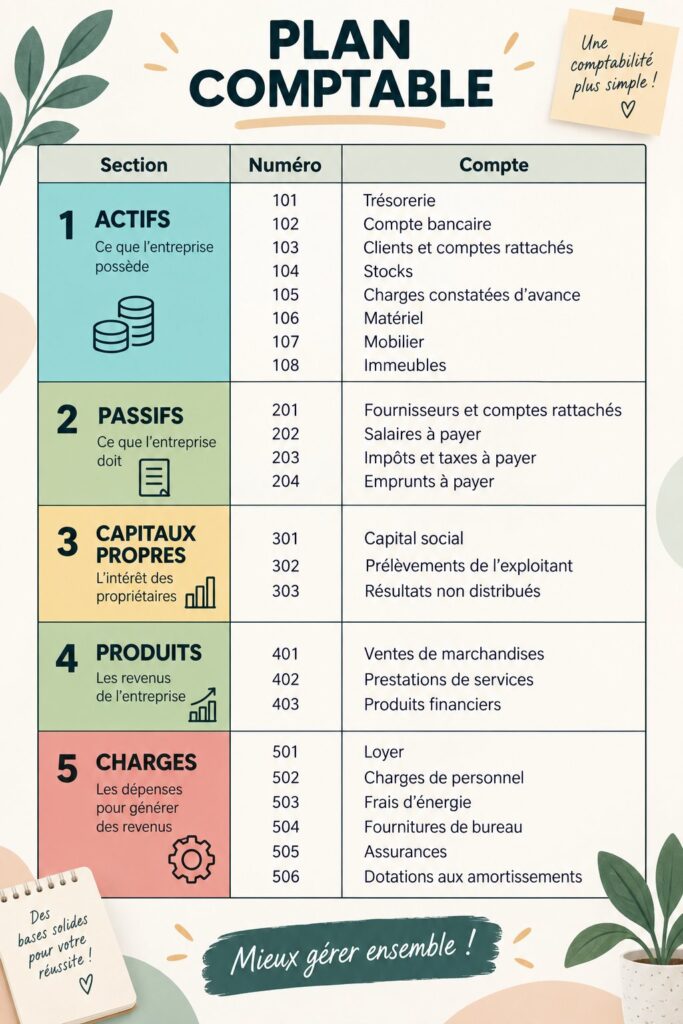 Un exemple de plan de comptes organisé sur un bureau avec des notes et un ordinateur.