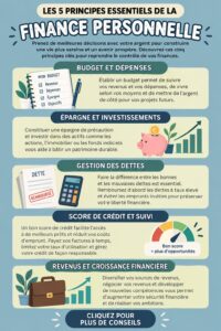 Illustration des 5 principes de la finance personnelle avec des graphiques colorés.