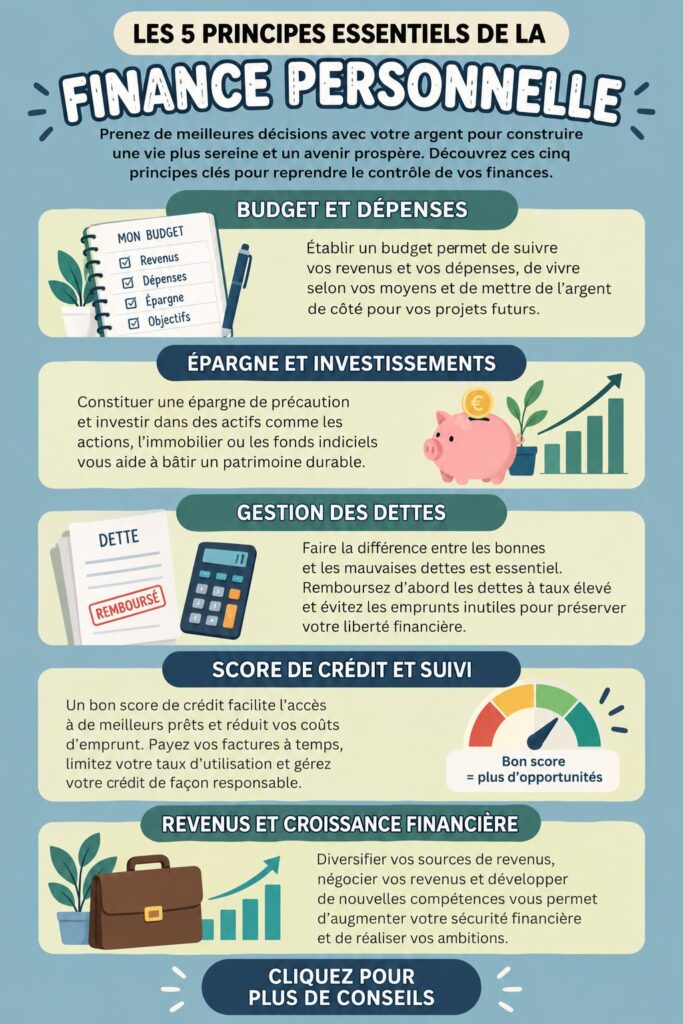 Illustration des 5 principes de la finance personnelle avec des graphiques colorés.