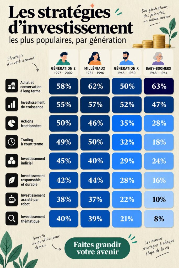 Une femme regardant des graphiques d'investissement avec un ordinateur, symbolisant les stratégies d'investissement par génération.