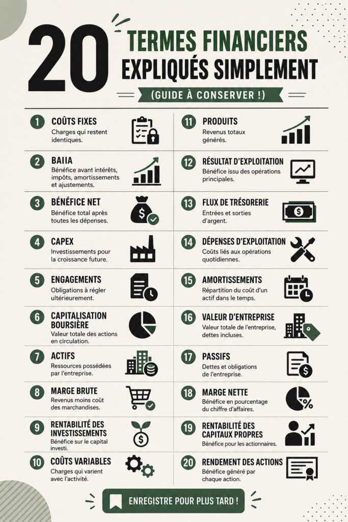 Un guide visuel sur 20 termes financiers essentiels expliqués de manière simple.