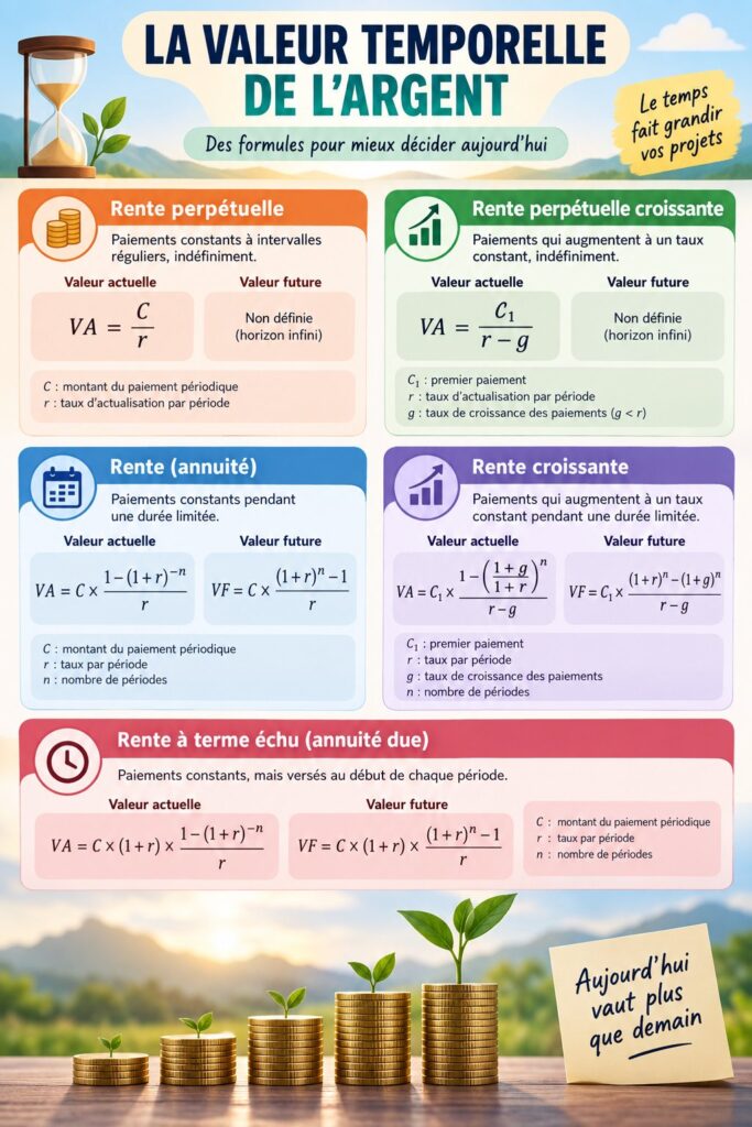 Infographie sur la valeur temps de l'argent, illustrant des concepts clés.