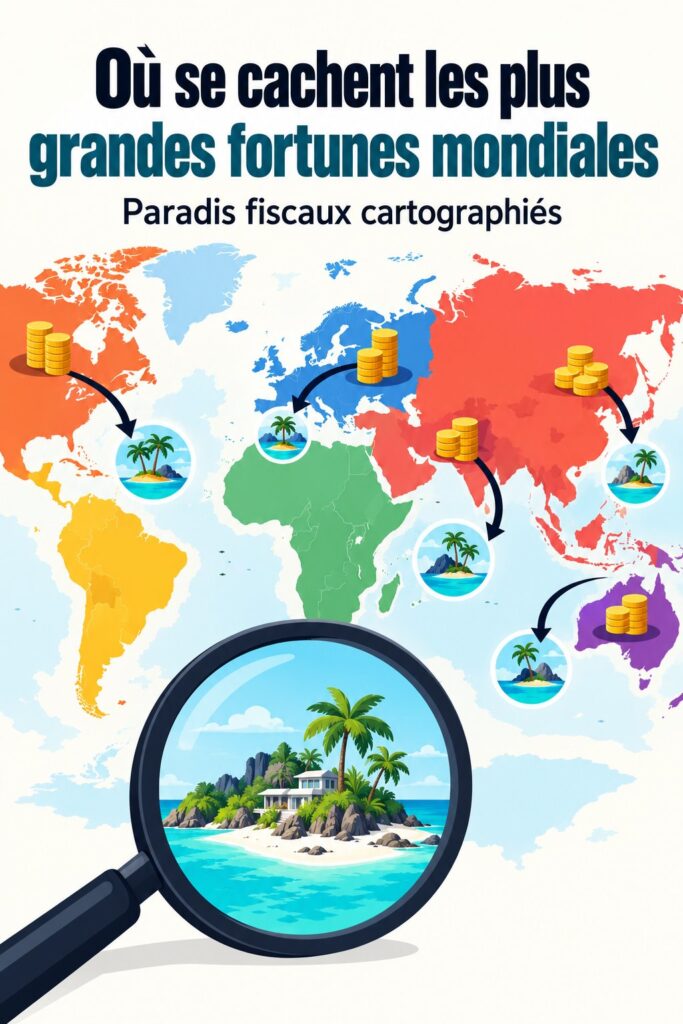 Carte montrant les plus grands paradis fiscaux du monde avec des symboles de richesse.