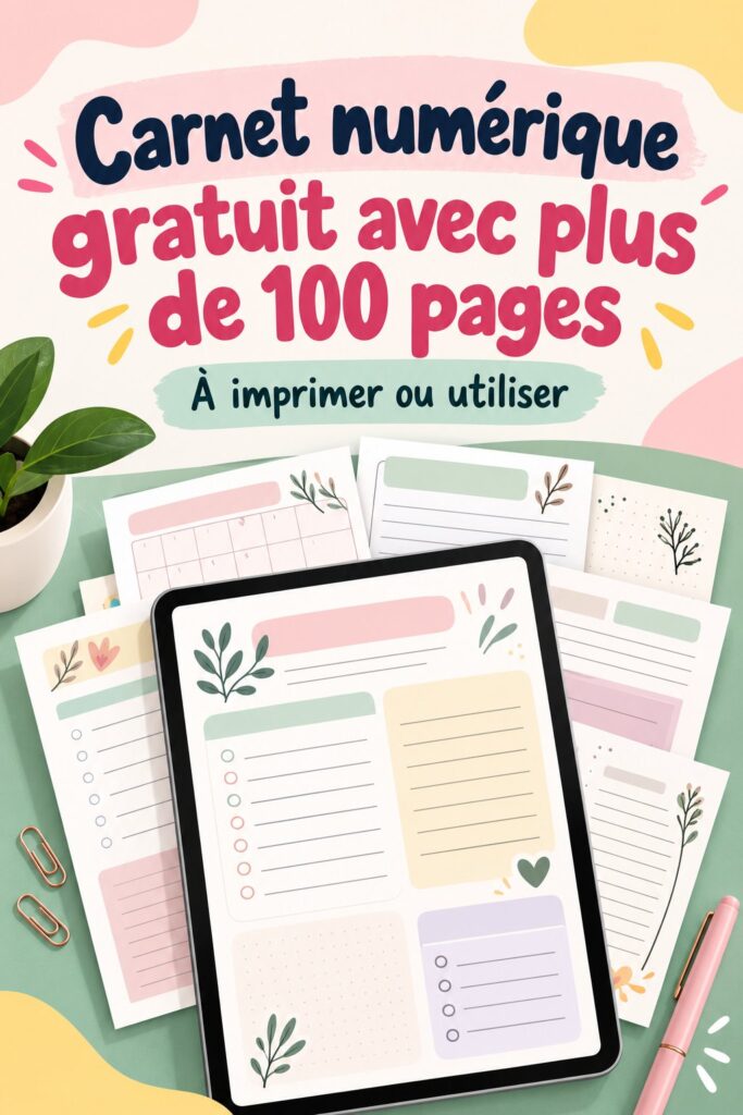 Carnet numérique gratuit avec plus de 100 pages utiles pour s'organiser.