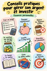 Femme souriante entourée de graphiques financiers, représentant la gestion des finances personnelles.