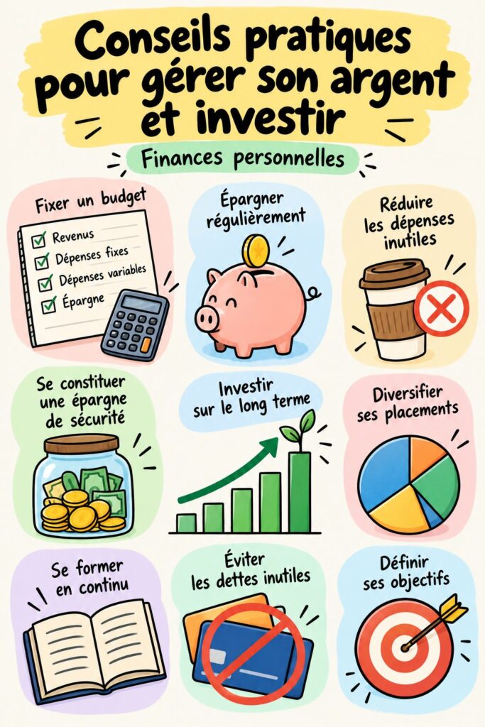 Femme souriante entourée de graphiques financiers, représentant la gestion des finances personnelles.