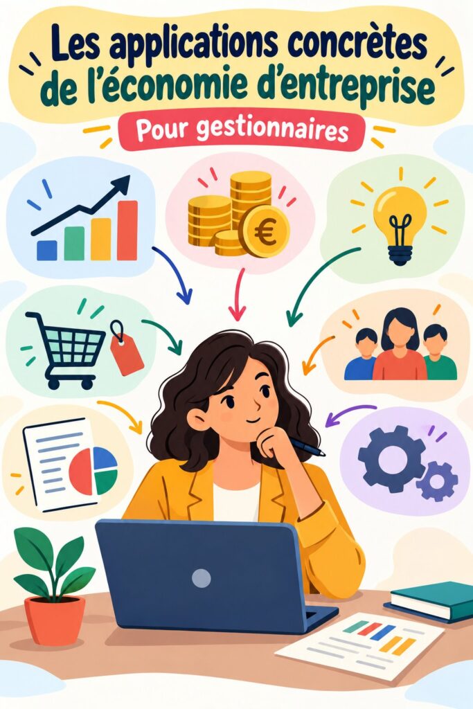 Illustration d'une femme découvrant les concepts de l'économie d'entreprise au travail.