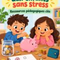 Une mère et son enfant discutent de l'argent autour d'une table, avec des jeux éducatifs sur la gestion financière.