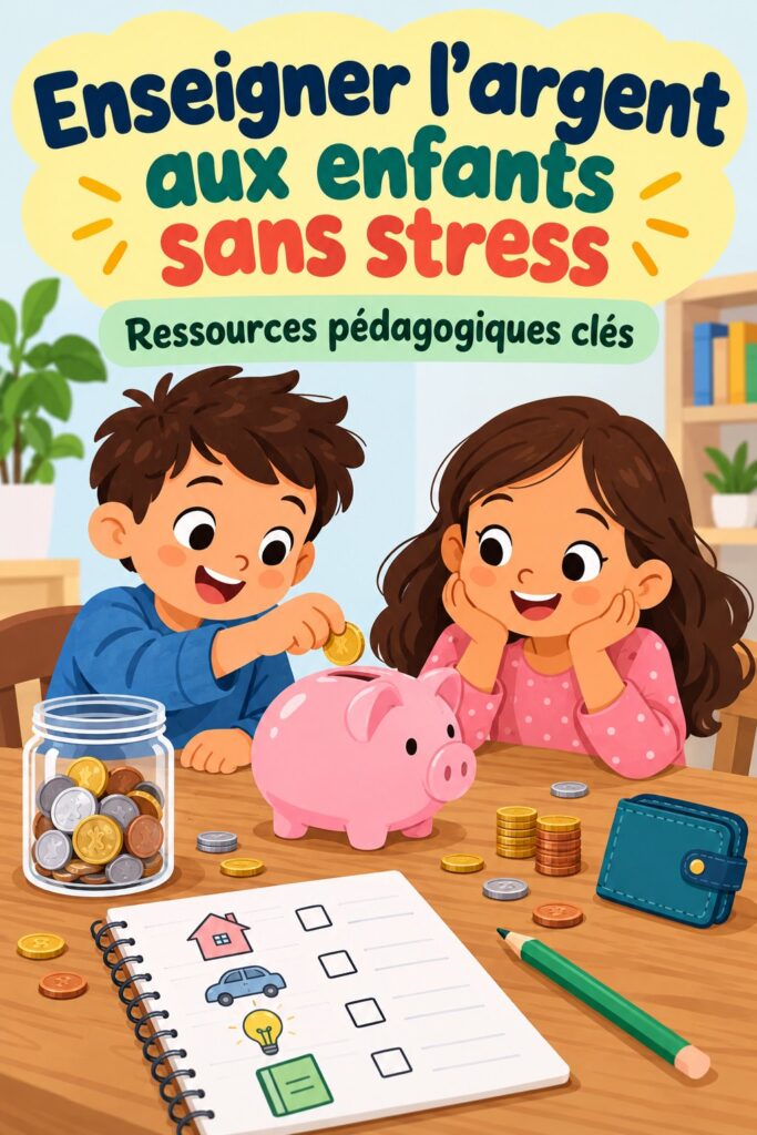 Une mère et son enfant discutent de l'argent autour d'une table, avec des jeux éducatifs sur la gestion financière.