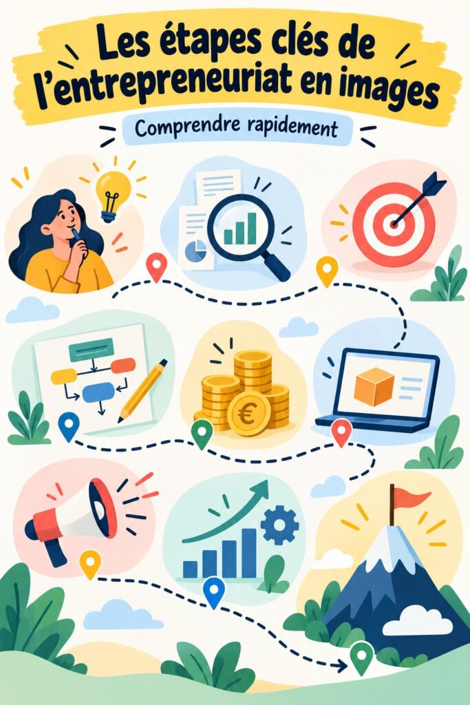 Infographie illustrant les étapes clés de l'entrepreneuriat.