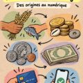 Illustration représentant l'évolution de l'argent, du troc à la monnaie digitale.