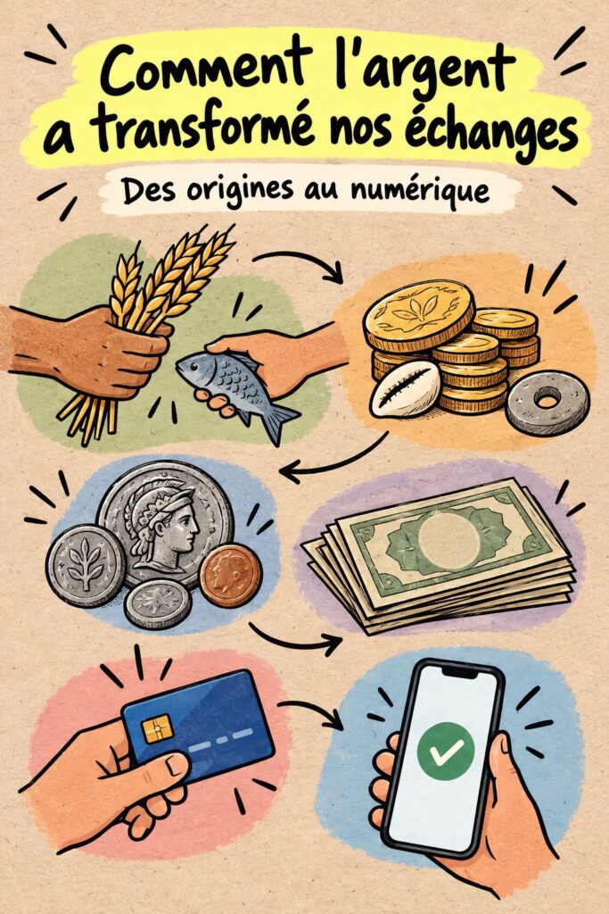 Illustration représentant l'évolution de l'argent, du troc à la monnaie digitale.