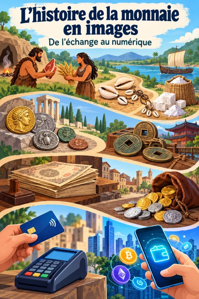 Infographie illustrant l'évolution de l'argent à travers l'histoire