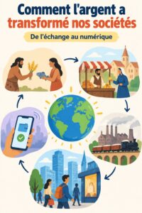 Illustration de l'évolution de l'argent à travers l'histoire, montrant différentes formes de monnaie.