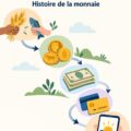 Image illustrant l'évolution de la monnaie, du troc à la monnaie numérique, symbolisée par diverses pièces et billets.