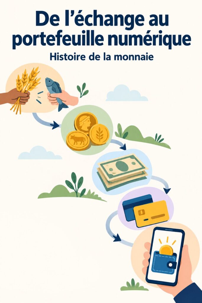 Image illustrant l'évolution de la monnaie, du troc à la monnaie numérique, symbolisée par diverses pièces et billets.