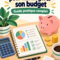 Femme souriante organisant ses finances avec un ordinateur et un carnet.