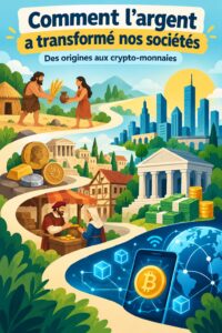 Illustration représentant l'évolution de l'argent à travers les siècles, incluant des pièces, des billets et des paiements numériques.