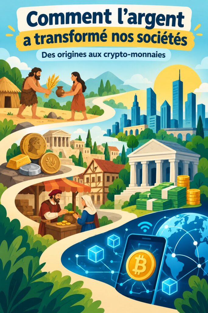 Illustration représentant l'évolution de l'argent à travers les siècles, incluant des pièces, des billets et des paiements numériques.