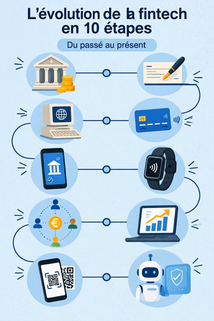 Image illustrant l'évolution de la fintech avec des graphiques et des icônes financiers.