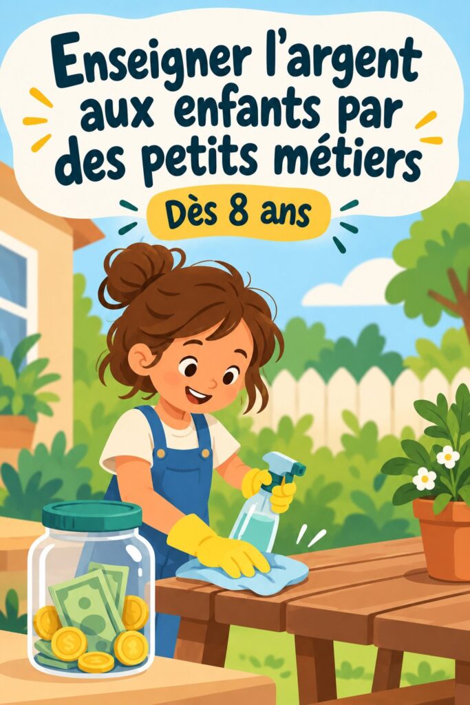 Un enfant souriant tenant un panneau 'petits boulots' pour gagner de l'argent.