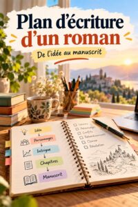 Image d'une femme écrivant un roman avec un carnet et un stylo.