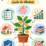 Femme, souriante, consultant ses finances avec un ordinateur et un carnet de notes.