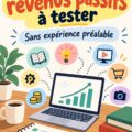 Femme lisant un livre sur les revenus passifs sur un tapis, entourée d'objets financiers.