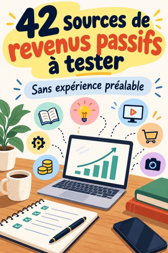 Femme lisant un livre sur les revenus passifs sur un tapis, entourée d'objets financiers.